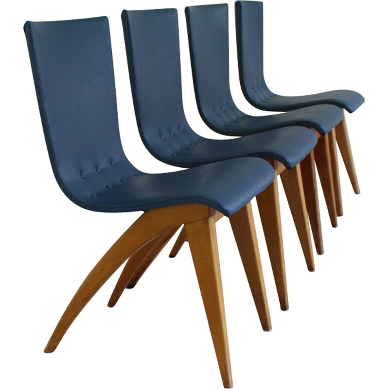 Ensemble de 4 chaises à repas Van Os Culemborg en bois et simili-cuir, G. VAN OS - 1950