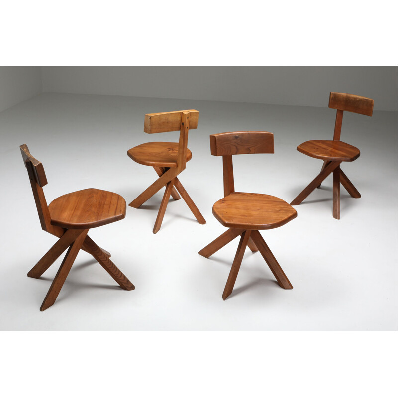 Vintage "S34" solid elm chair Pierre Chapo 1960