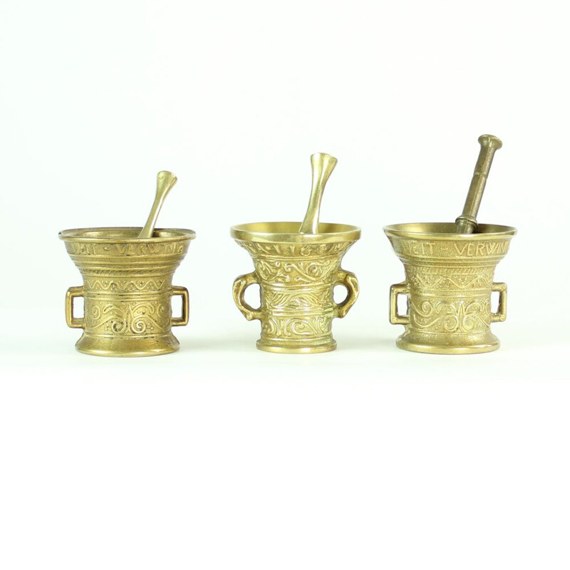 Set of 3 vintage brass pestles and mortars, Czechoslovakia 1940