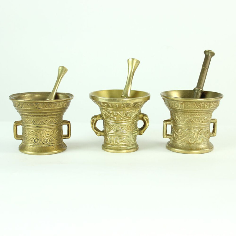 Set of 3 vintage brass pestles and mortars, Czechoslovakia 1940