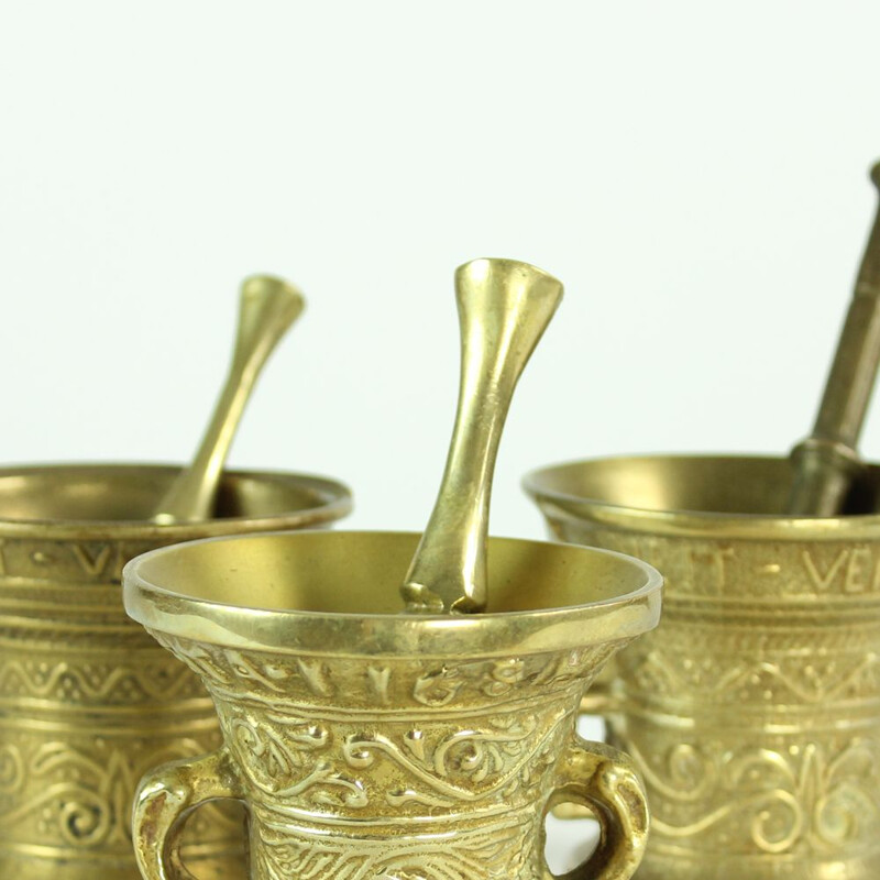 Set of 3 vintage brass pestles and mortars, Czechoslovakia 1940