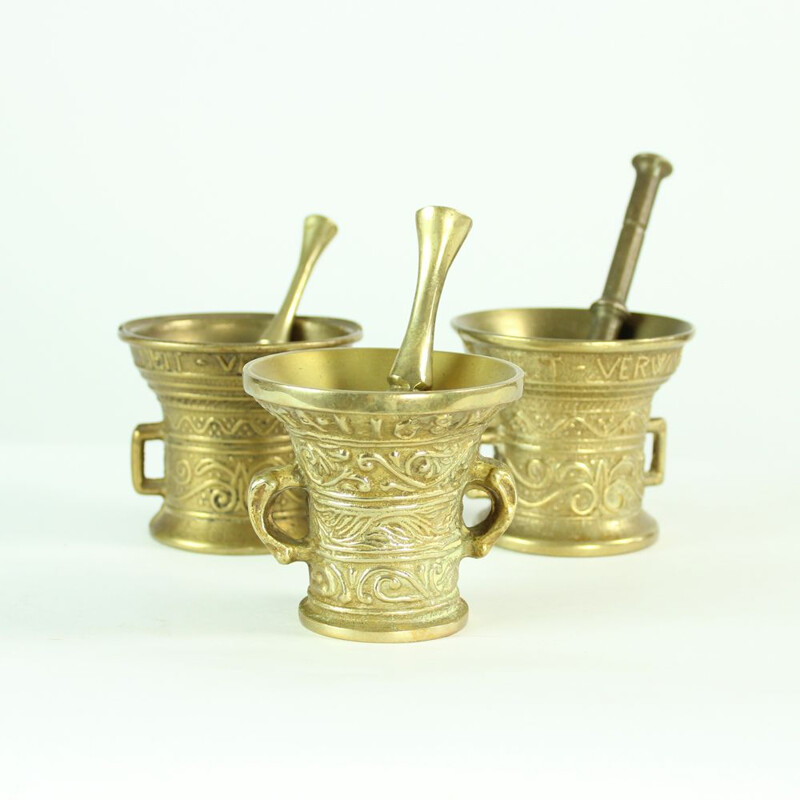 Set of 3 vintage brass pestles and mortars, Czechoslovakia 1940