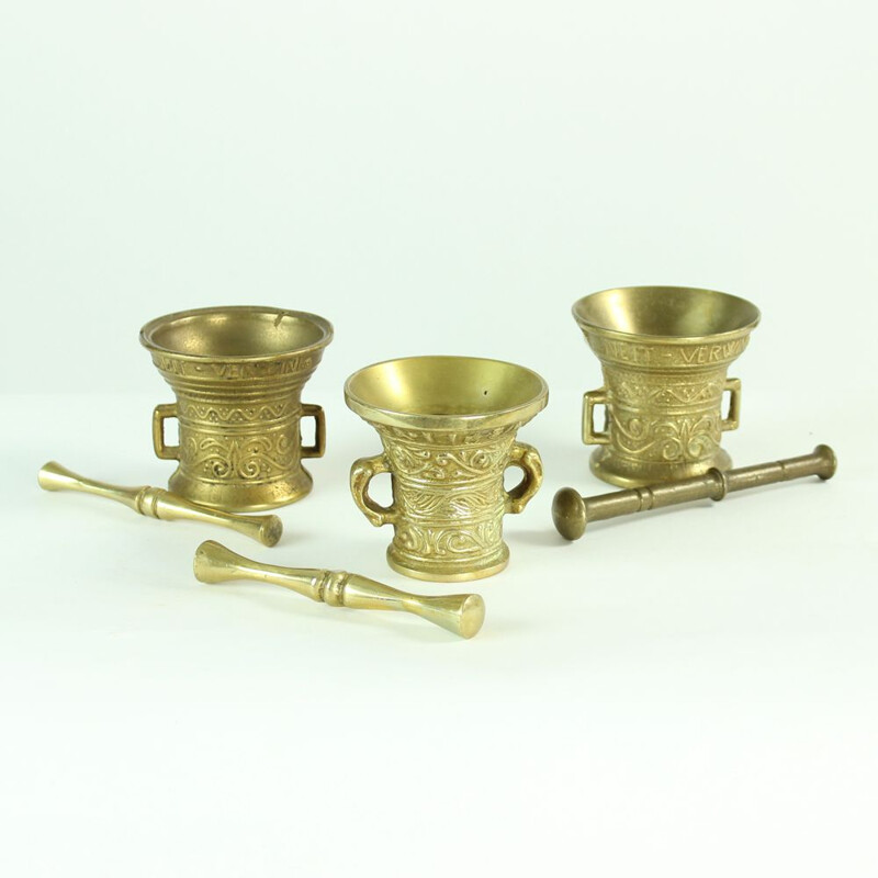 Set of 3 vintage brass pestles and mortars, Czechoslovakia 1940