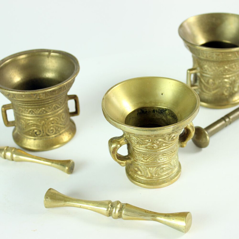 Set of 3 vintage brass pestles and mortars, Czechoslovakia 1940