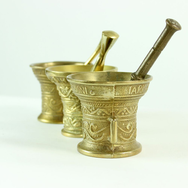 Set of 3 vintage brass pestles and mortars, Czechoslovakia 1940