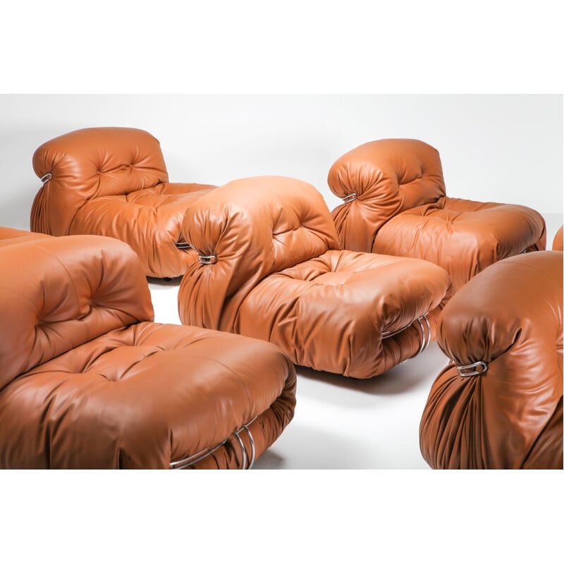 Fauteuil lounge vintage en cuir Cassina 'Soriana' Cognac par Afra & Tobia Scarpa Italie 1970