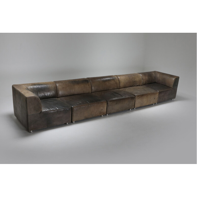 Vintage Sectional Corner Sofa in Patinated Leather for Durlet 1980s