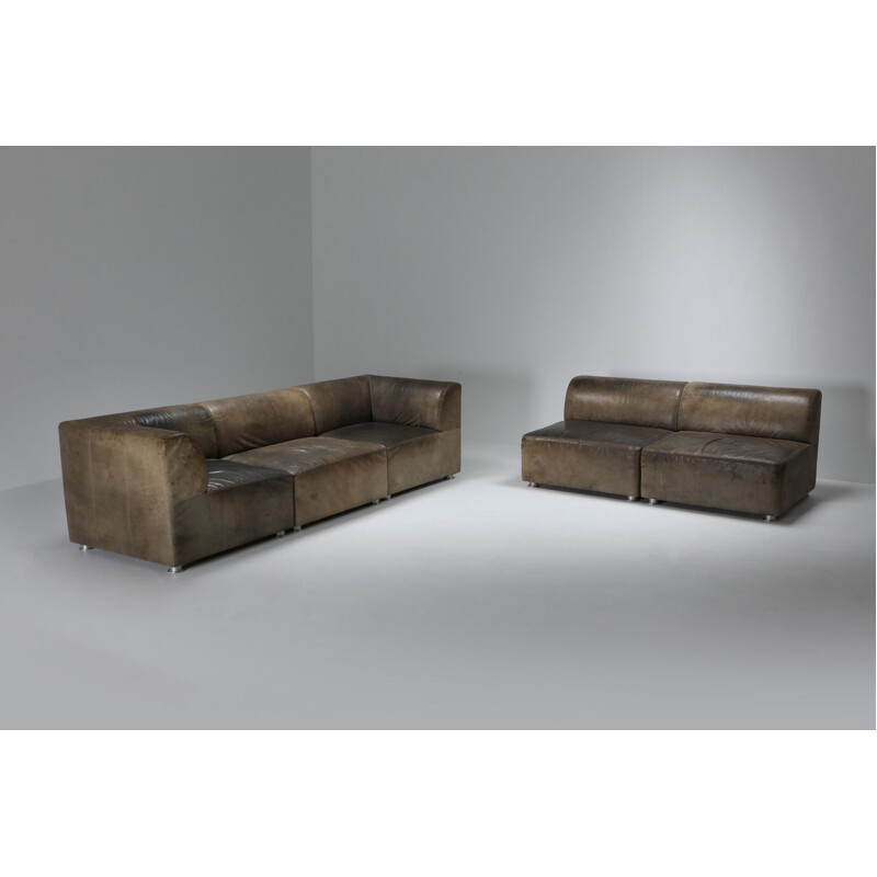 Vintage Sectional Corner Sofa in Patinated Leather for Durlet 1980s