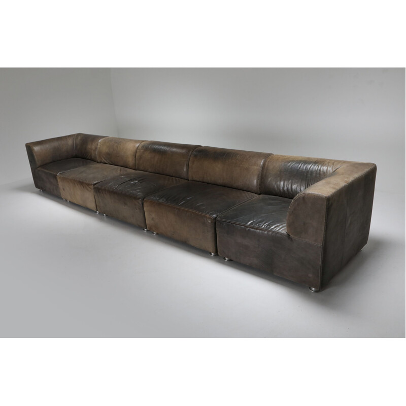 Vintage Sectional Corner Sofa in Patinated Leather for Durlet 1980s