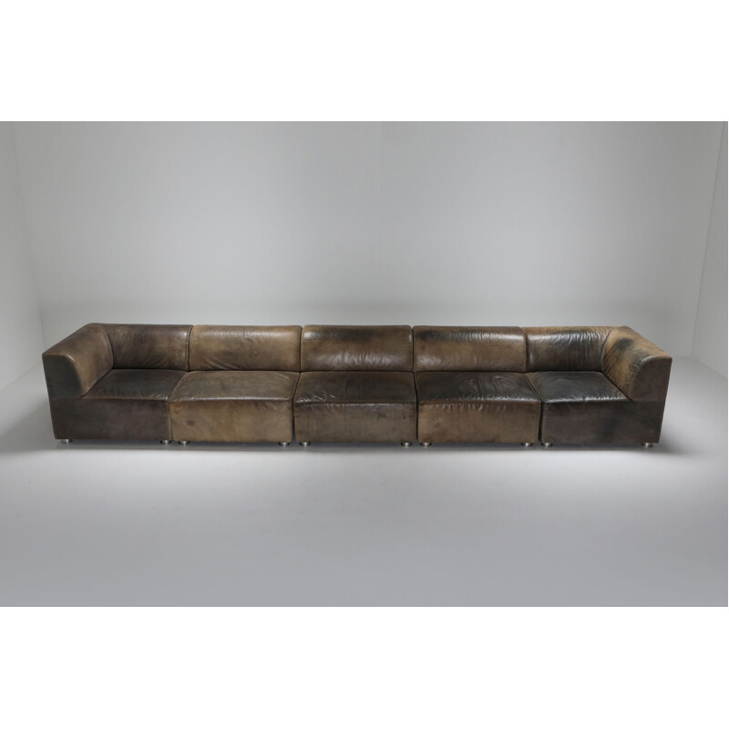 Vintage Sectional Corner Sofa in Patinated Leather for Durlet 1980s