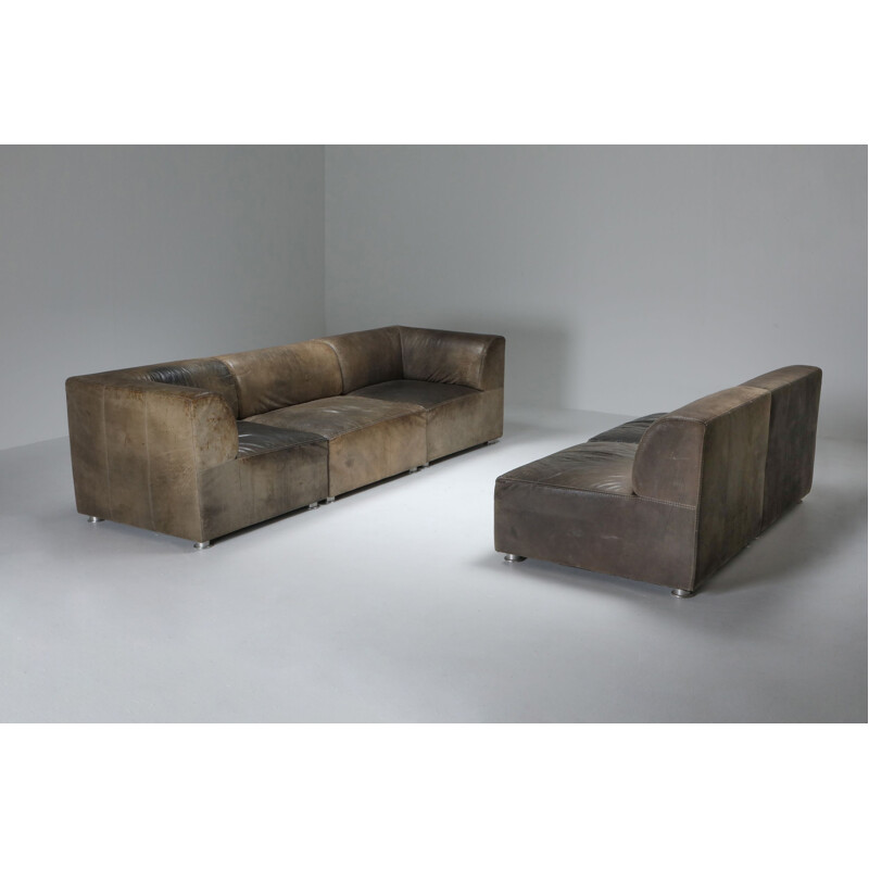 Vintage Sectional Corner Sofa in Patinated Leather for Durlet 1980s