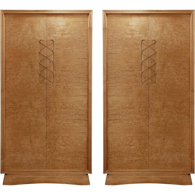 Pair Of Vintage Wardrobes In Wood And Brass Ornaments