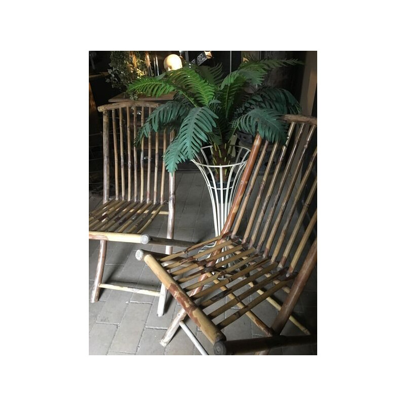 Paire de chaises pliantes vintage en bambou 1970