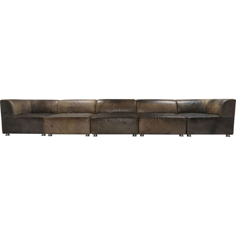 Vintage Sectional Corner Sofa in Patinated Leather for Durlet 1980s