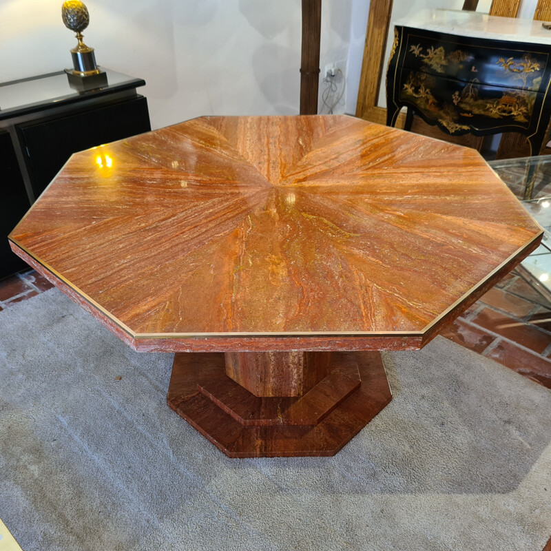 Vintage octagonal table in red travertine and brass 1970