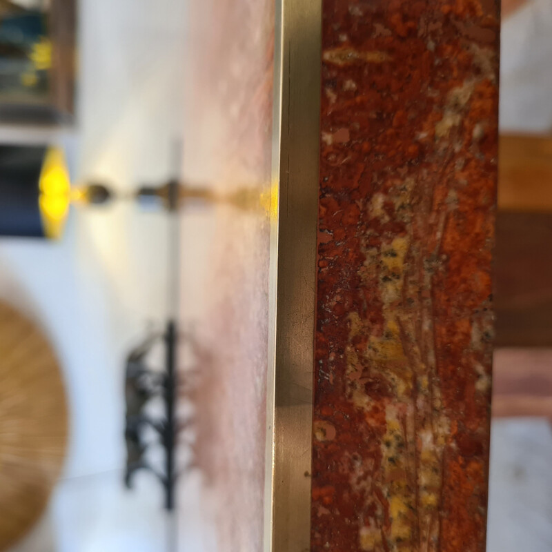 Vintage octagonal table in red travertine and brass 1970