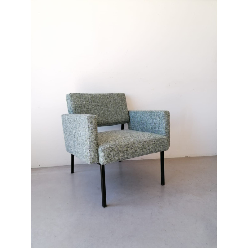 Vintage cube armchair, mottled green tweed, 1960