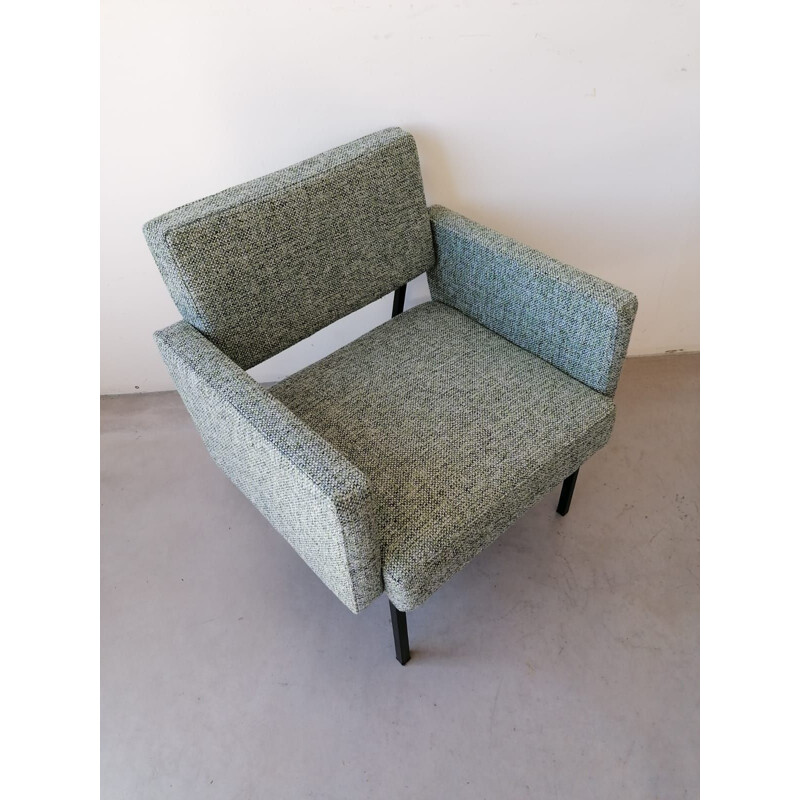 Vintage cube armchair, mottled green tweed, 1960