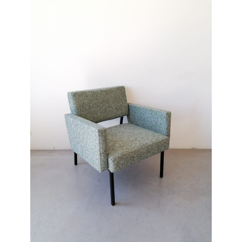 Vintage cube armchair, mottled green tweed, 1960