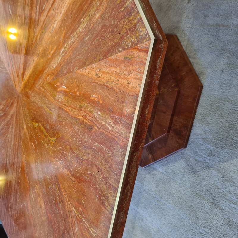 Vintage octagonal table in red travertine and brass 1970