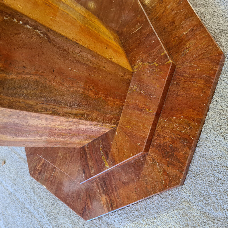 Vintage octagonal table in red travertine and brass 1970