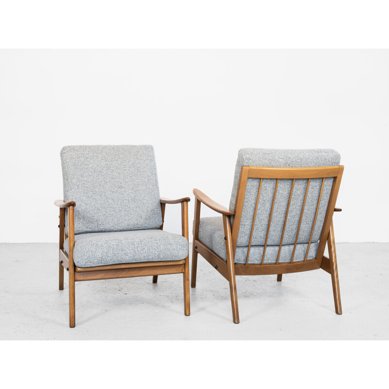 Pair of vintage armchairs in solid beech wood and grey fabric, Denmark 1960