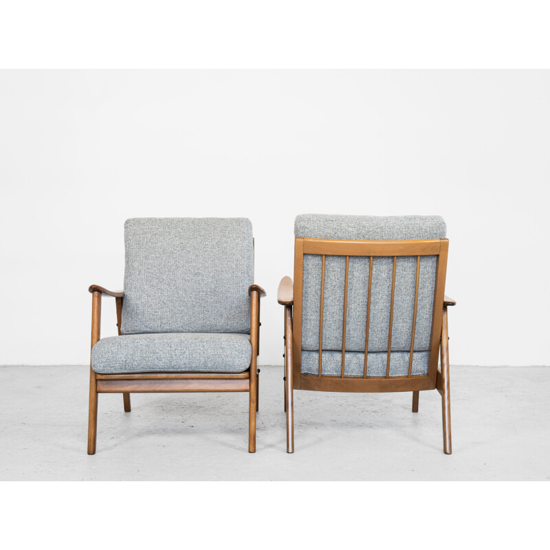 Pair of vintage armchairs in solid beech wood and grey fabric, Denmark 1960