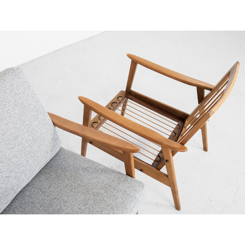 Pair of vintage armchairs in solid beech wood and grey fabric, Denmark 1960