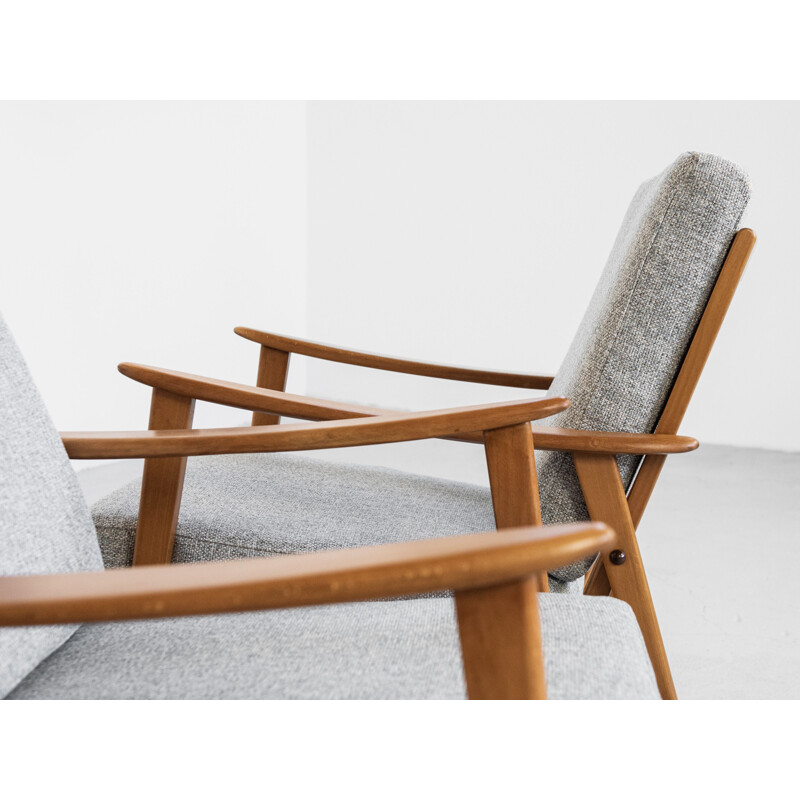 Pair of vintage armchairs in solid beech wood and grey fabric, Denmark 1960