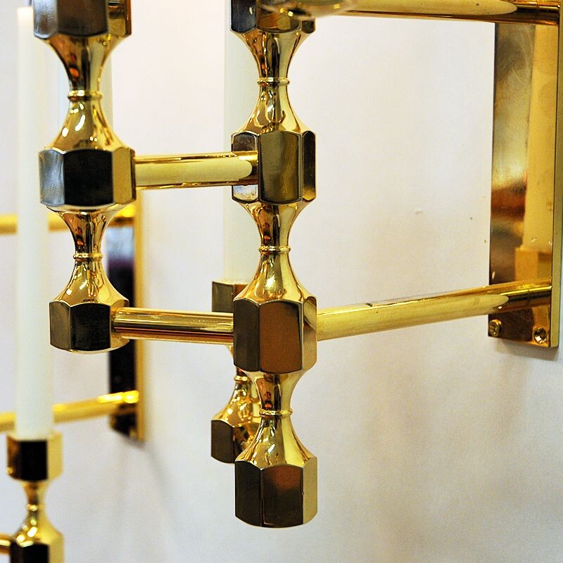 Vintage Brass five arm wall candelabrum pair by Lars Bergsten for Gusum Swedish 1990s