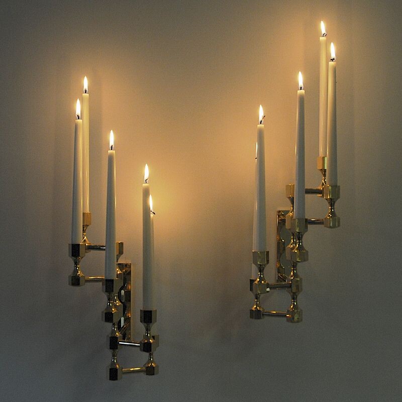 Vintage Brass five arm wall candelabrum pair by Lars Bergsten for Gusum Swedish 1990s