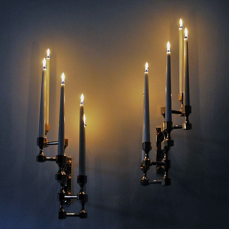 Vintage Brass five arm wall candelabrum pair by Lars Bergsten for Gusum Swedish 1990s