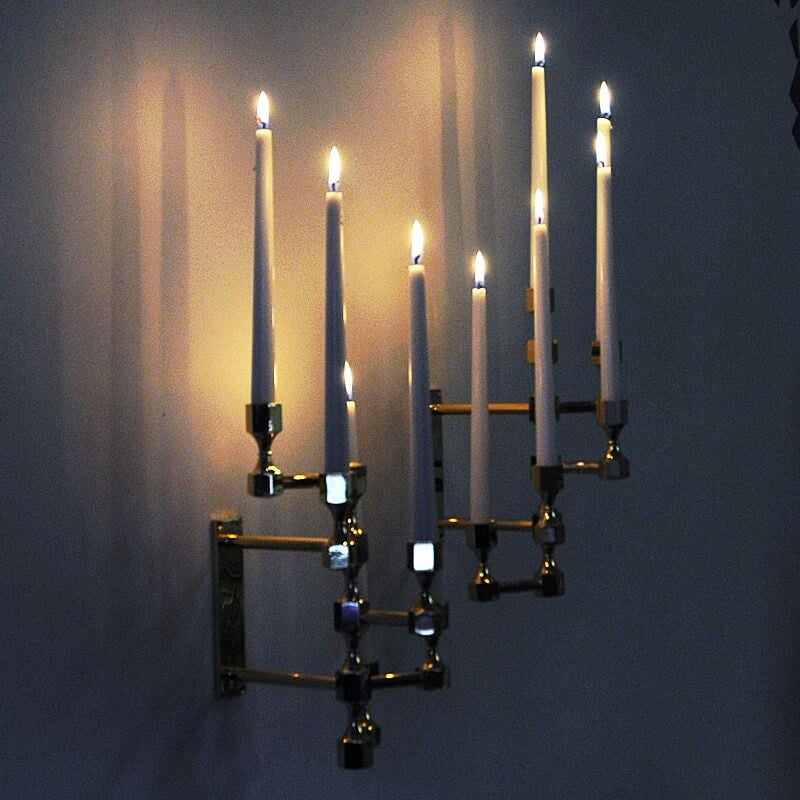 Vintage Brass five arm wall candelabrum pair by Lars Bergsten for Gusum Swedish 1990s