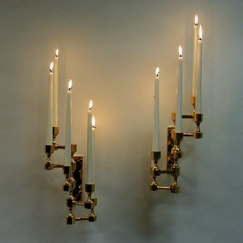 Vintage Brass five arm wall candelabrum pair by Lars Bergsten for Gusum Swedish 1990s