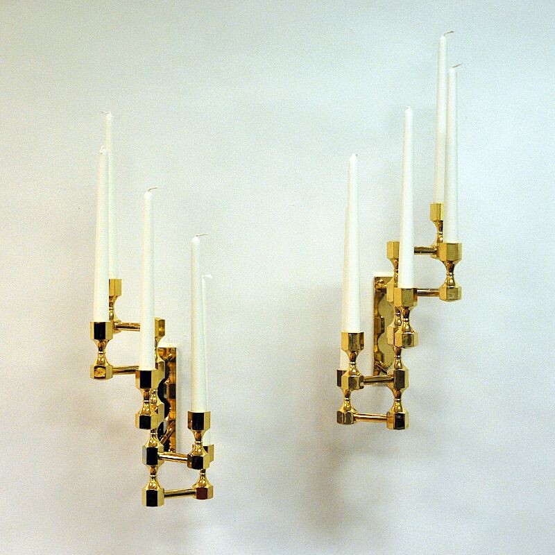 Vintage Brass five arm wall candelabrum pair by Lars Bergsten for Gusum Swedish 1990s