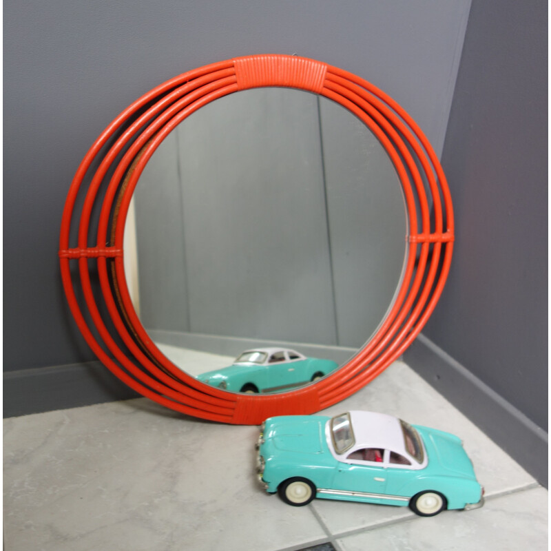 Vintage Orange rattan  Wicker mirror 1960s