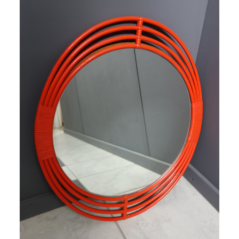 Vintage Orange rattan  Wicker mirror 1960s