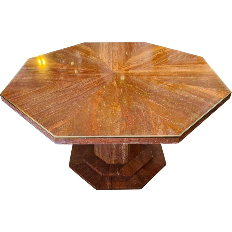 Vintage octagonal table in red travertine and brass 1970