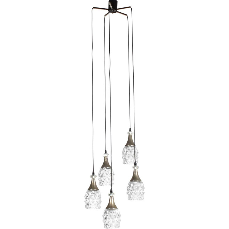 Vintage chandelier with five molded glass shades 1960
