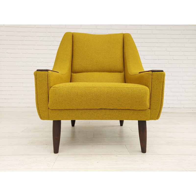 Fauteuil vintage en laine et bois exotique Danois 1970