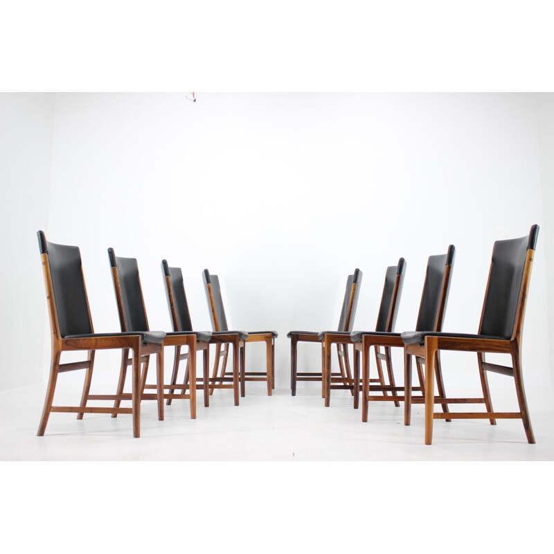 Set of 8 vintage Palisander Leather Dining Chairs Kai Lyngfelt-Larsen 1960s