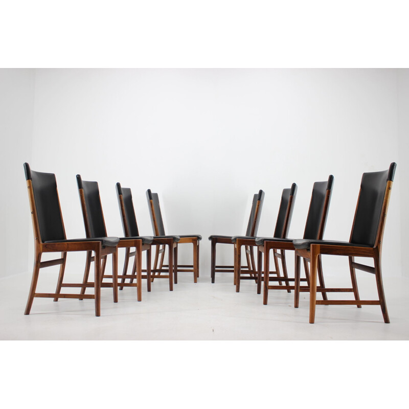 Set of 8 vintage Palisander Leather Dining Chairs Kai Lyngfelt-Larsen 1960s