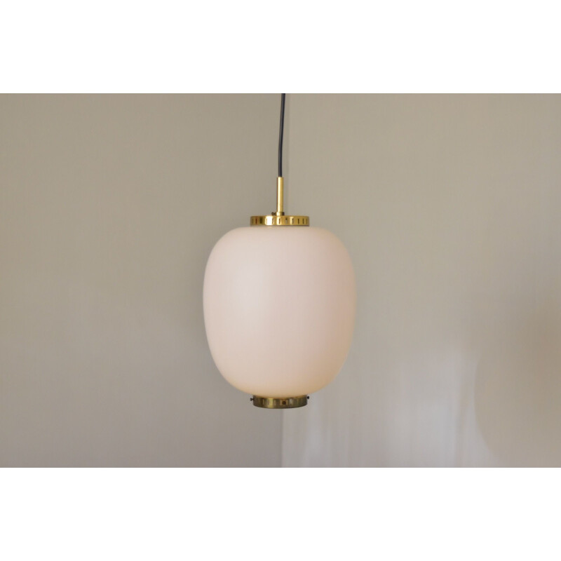 Vintage M size Pendant Brass and Opaline Ceiling Fixtures Bent Karlby Kina by Lyfa Denmark 1955