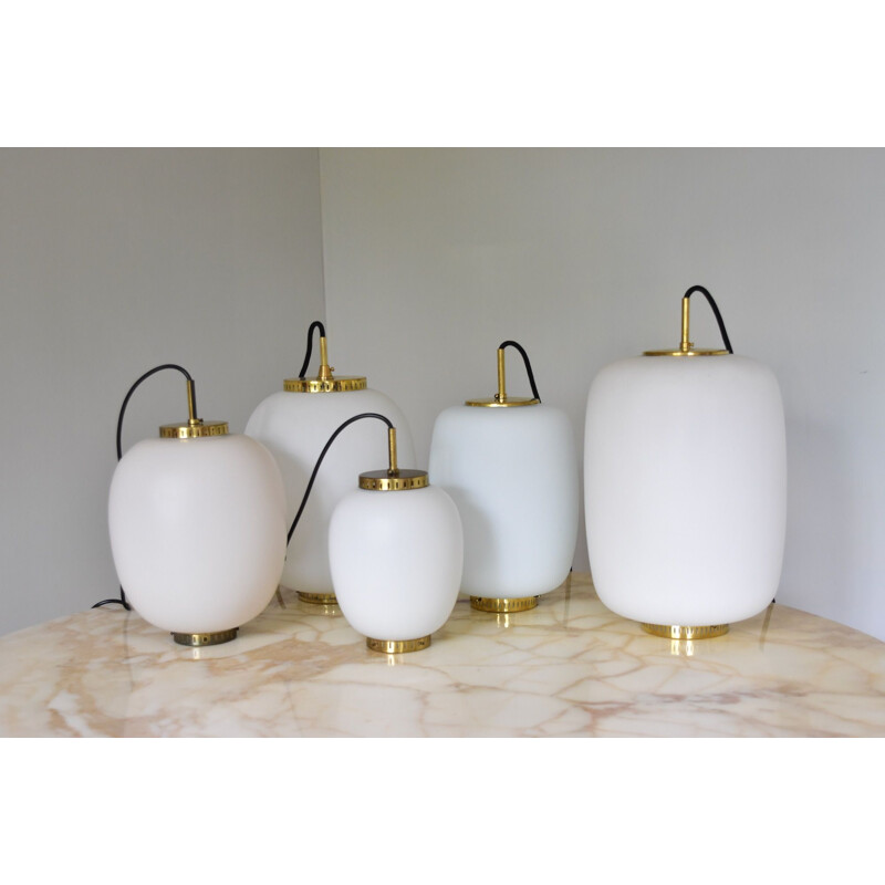 Vintage M size Pendant Brass and Opaline Ceiling Fixtures Bent Karlby Kina by Lyfa Denmark 1955