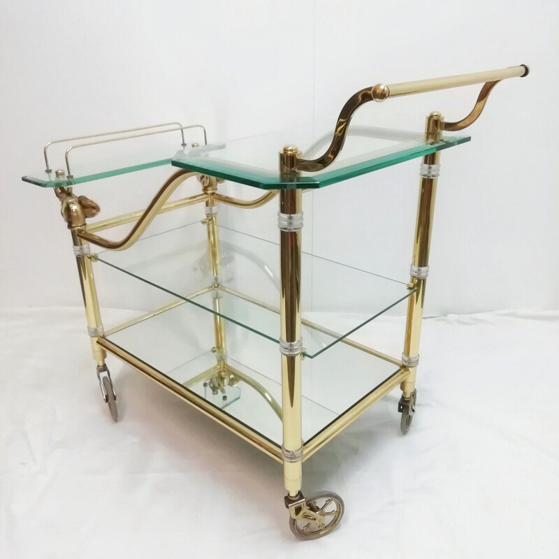 Vintage brass and glass cart with elephant heads by Hollywood Regency, 1970