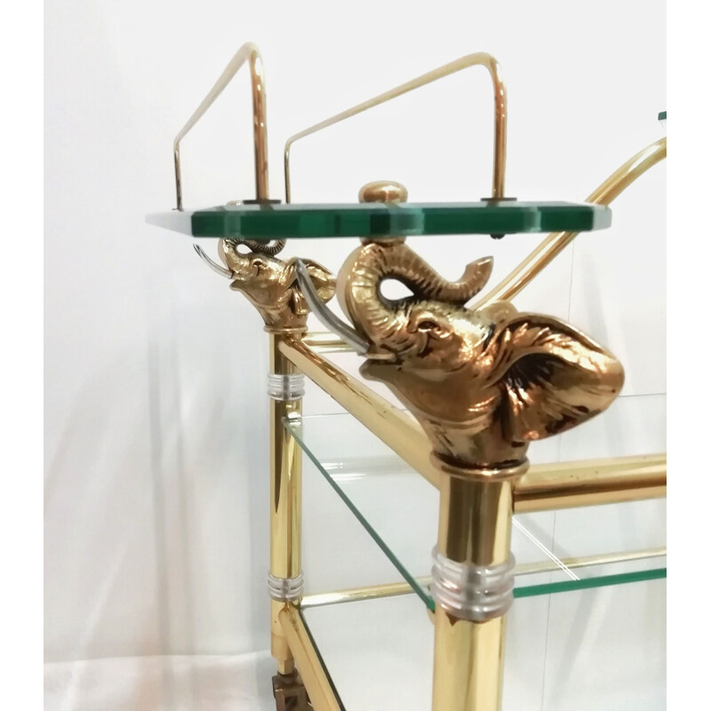 Vintage brass and glass cart with elephant heads by Hollywood Regency, 1970