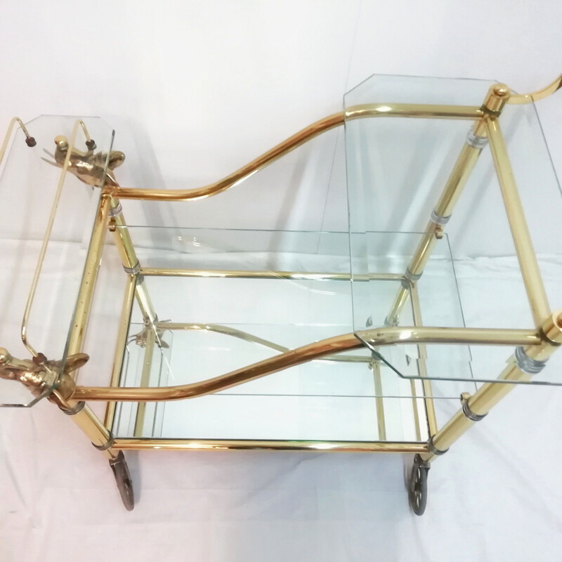 Vintage brass and glass cart with elephant heads by Hollywood Regency, 1970