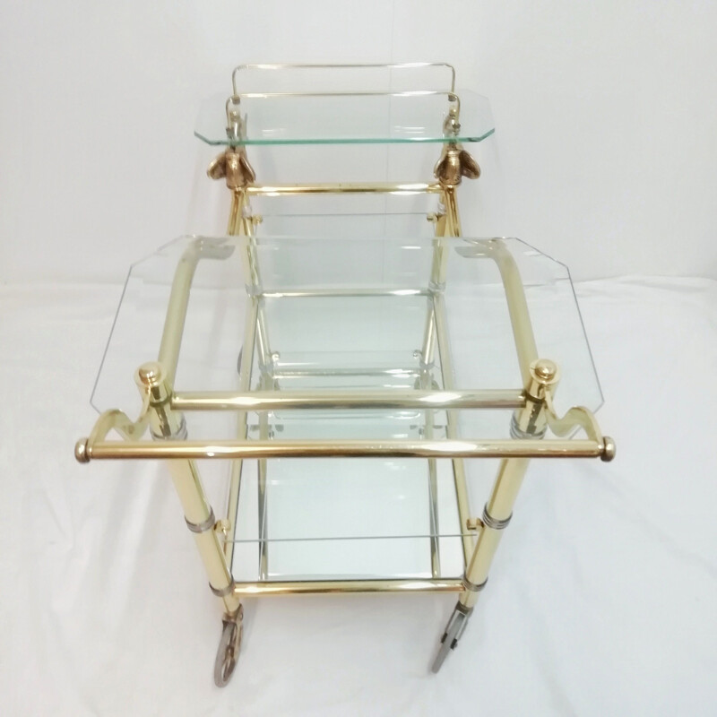 Vintage brass and glass cart with elephant heads by Hollywood Regency, 1970