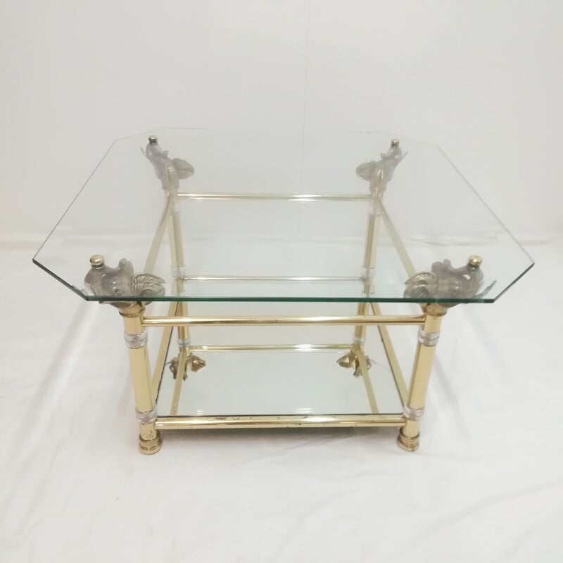 Vintage brass and glass coffee table with elephant heads by Hollywood Regency, 1970