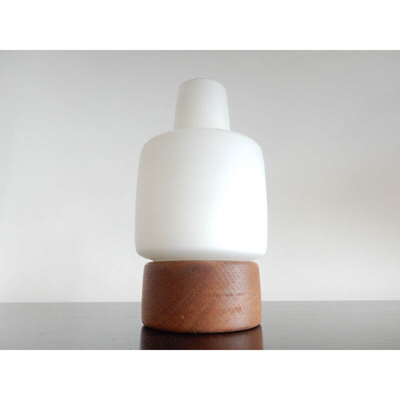 Vintage oak and opal glass table lamp by Uno and Östen Kristiansson for Luxus, Sweden 1950